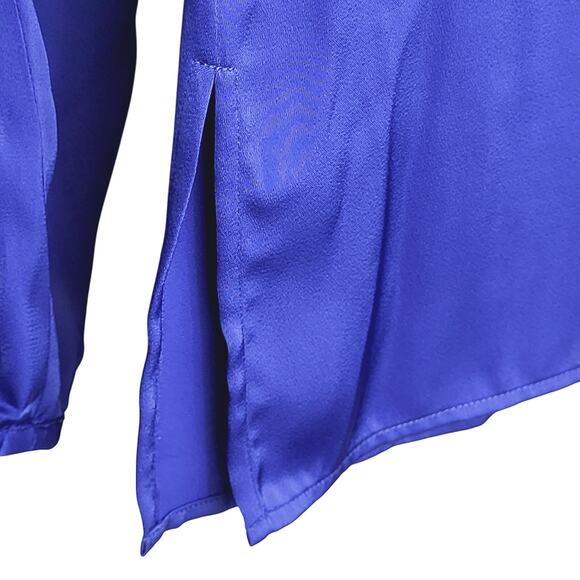 NEW Ming Wang Top Ruffled Tie Keyhole Neck Crepe De Chine Blouse Deep Sky Sz S - Picture 7 of 15